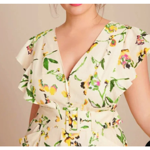 Tanya Taylor Inez Dress Lined V Neck Floral Midi Ivory 0 - Picture 3 of 16